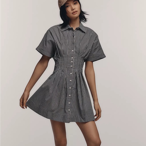 Exquise Dresses & Skirts - Exquise Anthropologie The Tobie Mini Black White Striped Button-Up Shirt dress